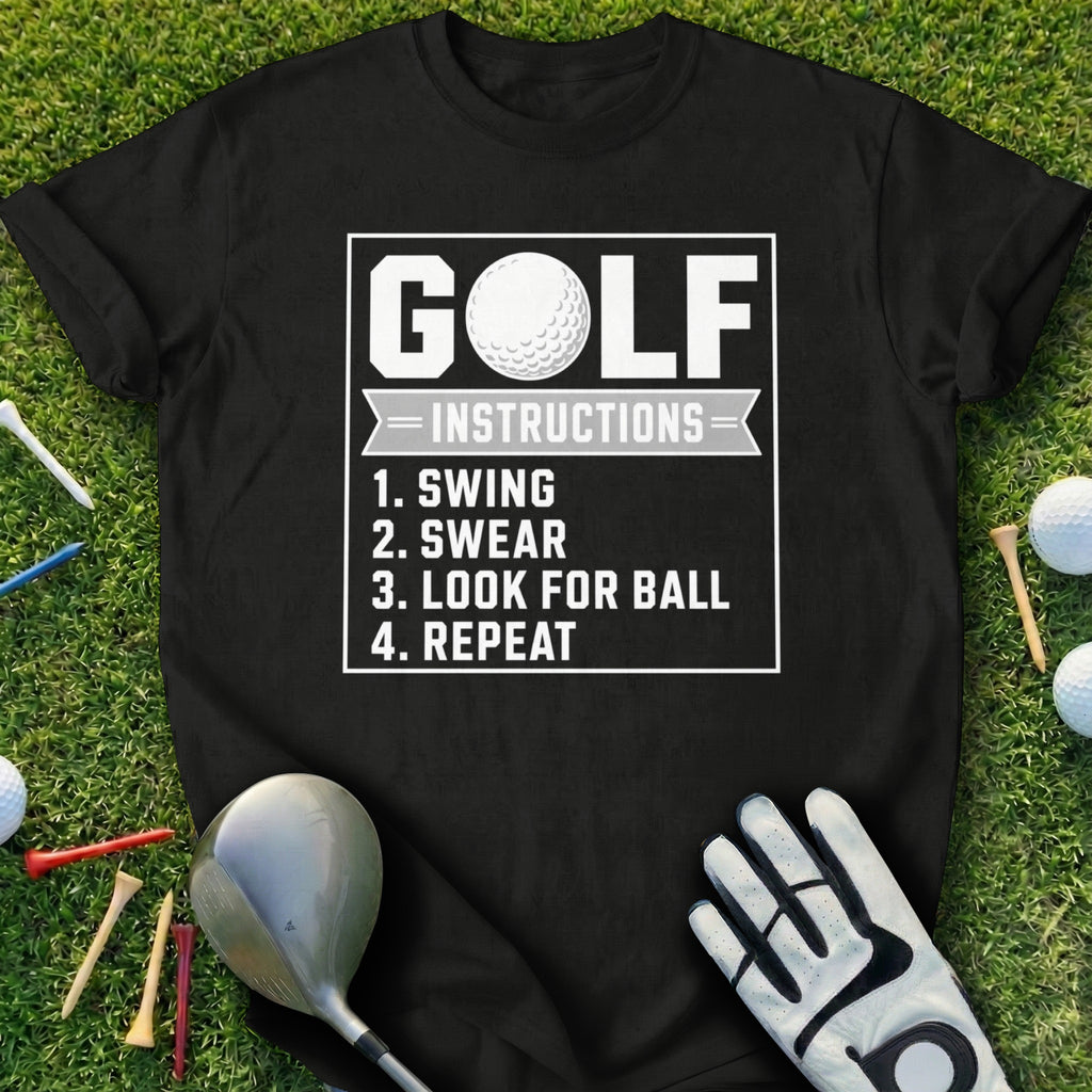 Black t-shirt with "GOLF INSTRUCTIONS" and numbered steps.