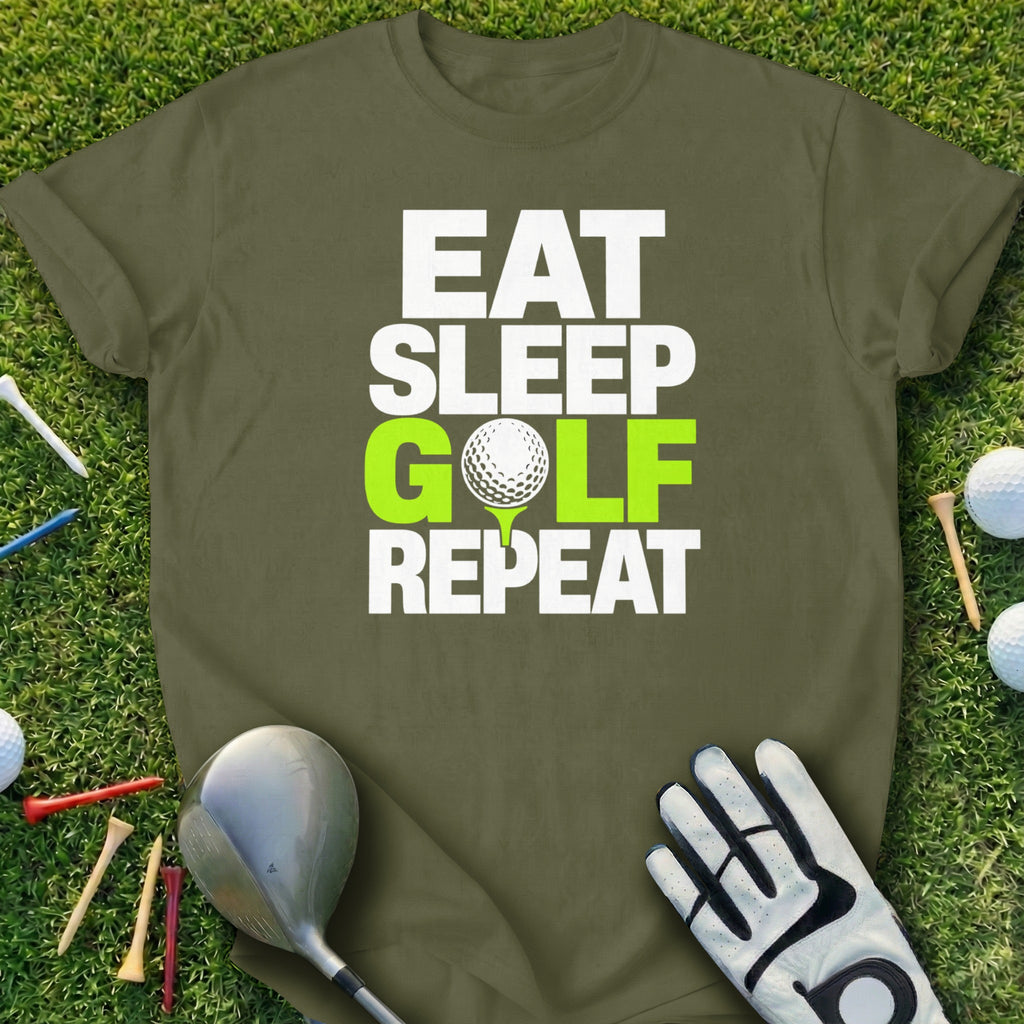 Olive green t-shirt with "Eat Sleep Golf Repeat" text and a golf ball.