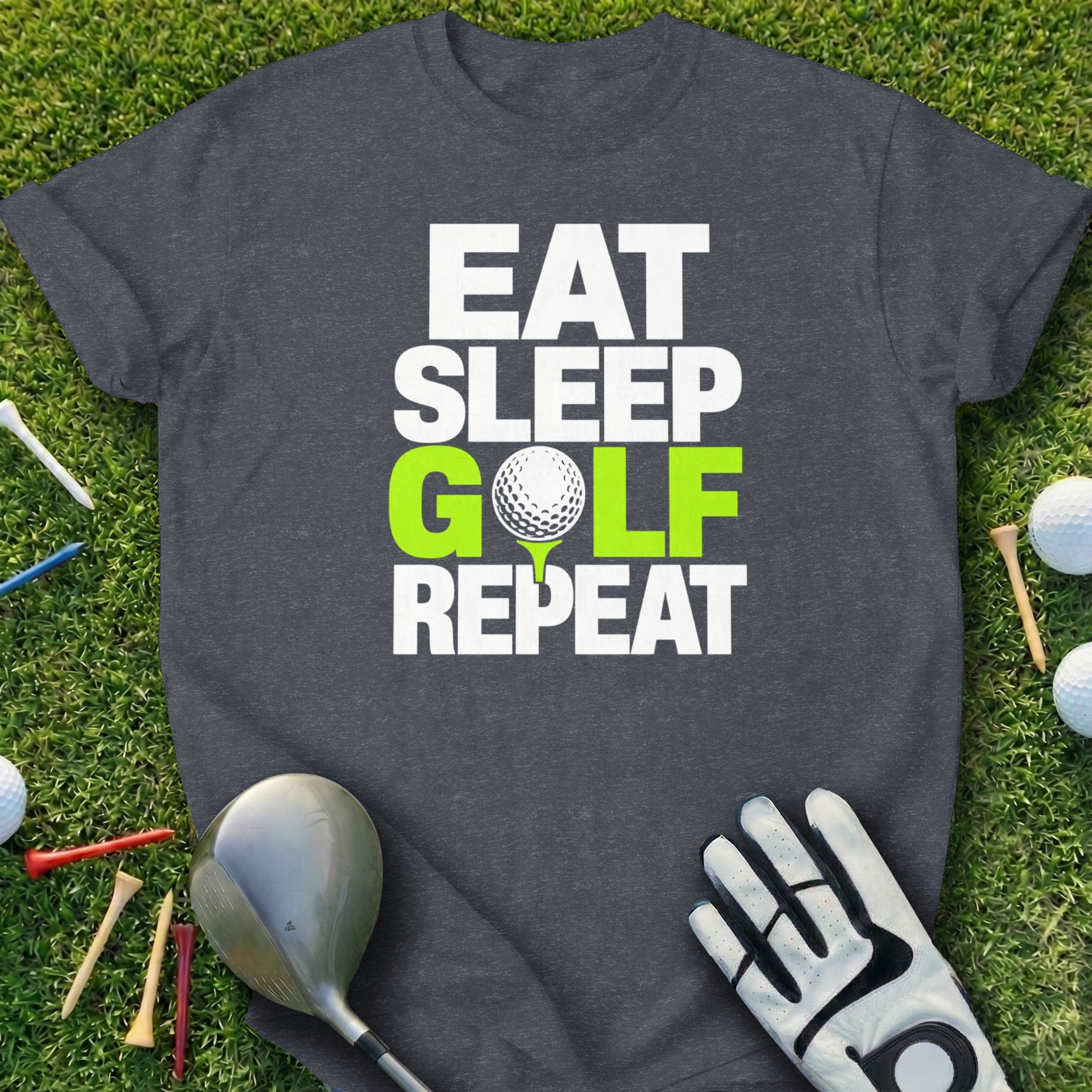 Dark gray t-shirt with "Eat Sleep Golf Repeat" and golf ball graphic.