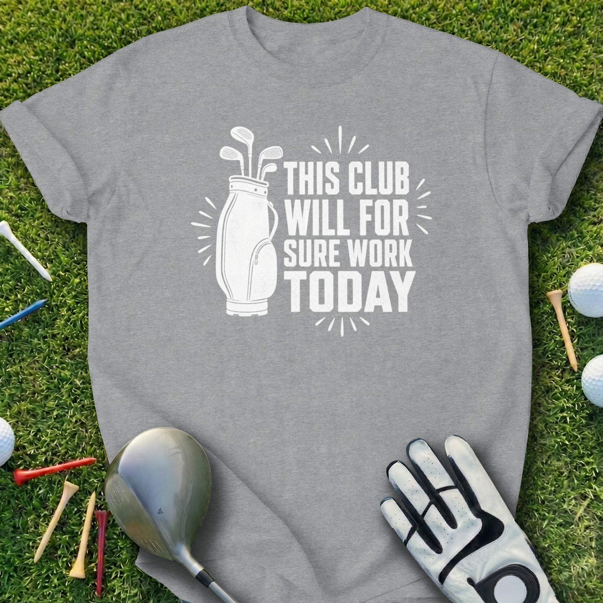 Gray t-shirt with white text and graphic of a golf bag and clubs.