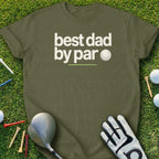 Olive green t-shirt with "best dad by par" text and golf ball graphic.