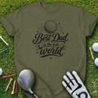 Olive t-shirt with "Best Dad in the Hole World" text and golf ball graphic.