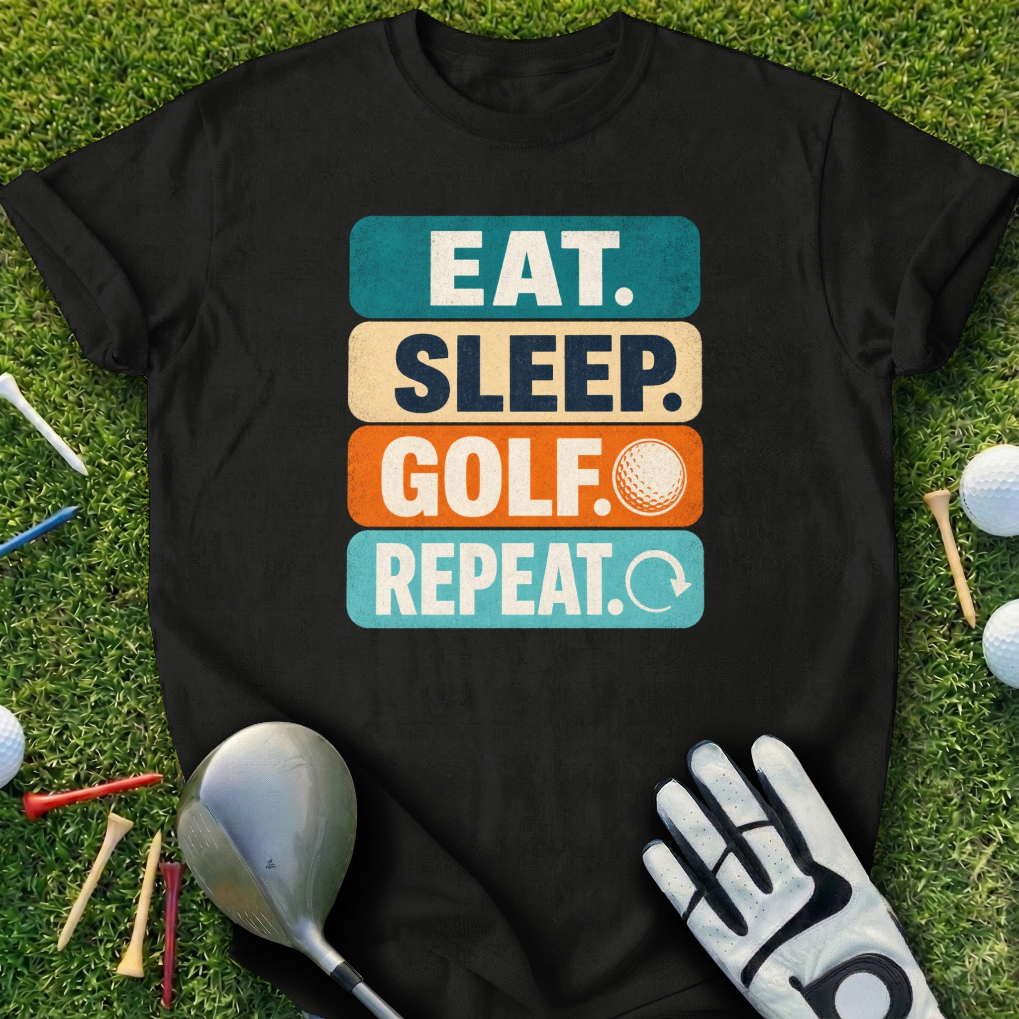 Black t-shirt with "EAT. SLEEP. GOLF. REPEAT." text and golf ball graphic.