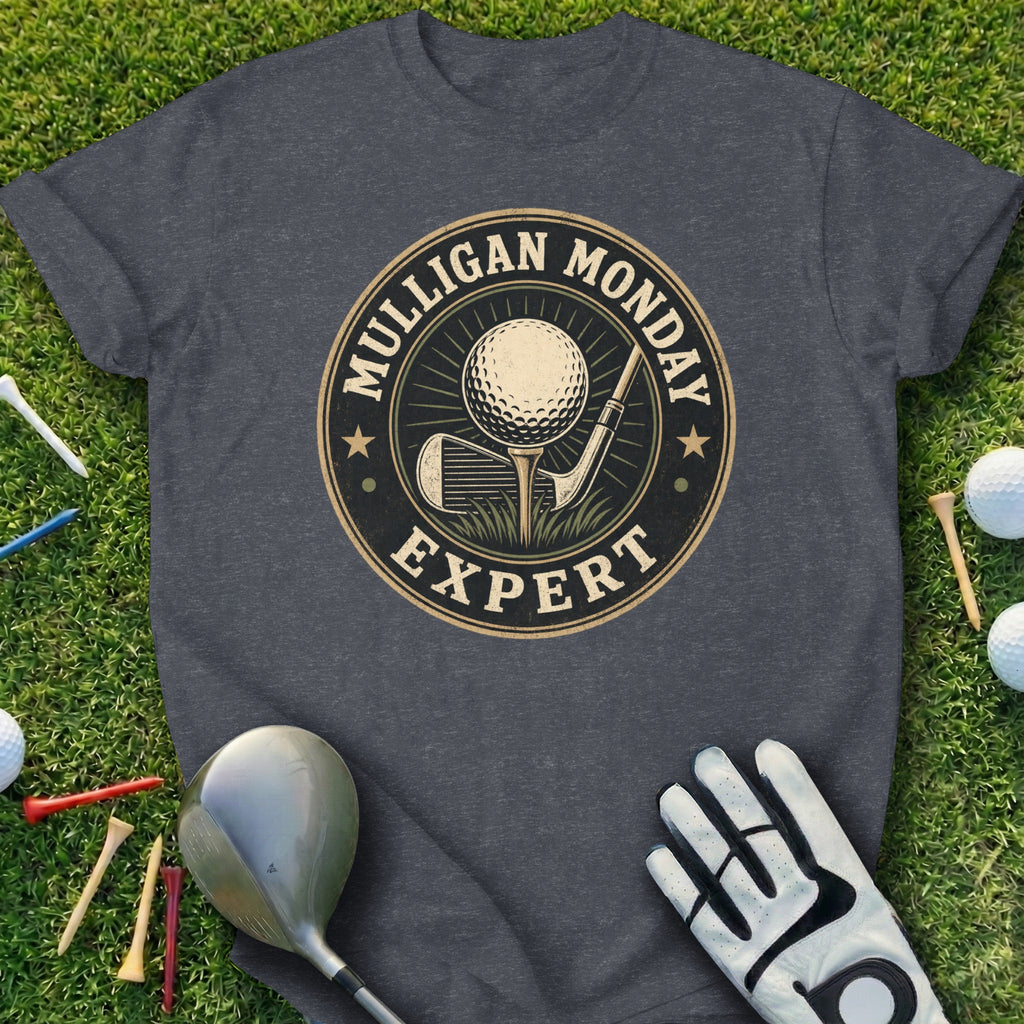 T-shirt with "Mulligan Monday Expert" text, golf ball, club, tee, and glove.