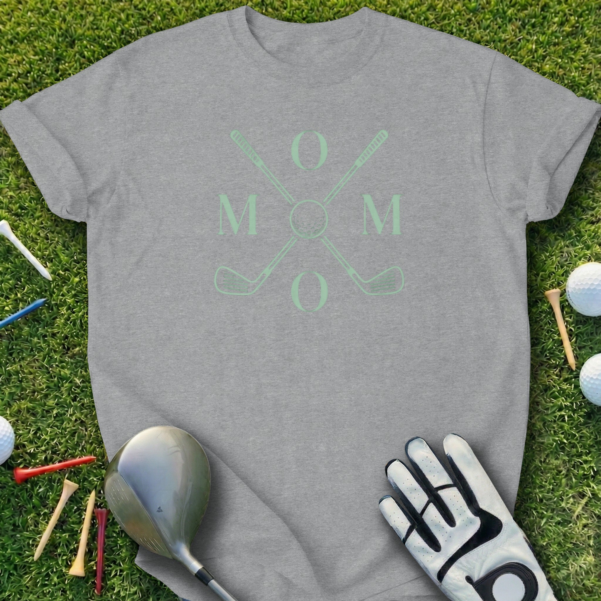 Gray t-shirt with "Mom" and crossed golf clubs graphic.
