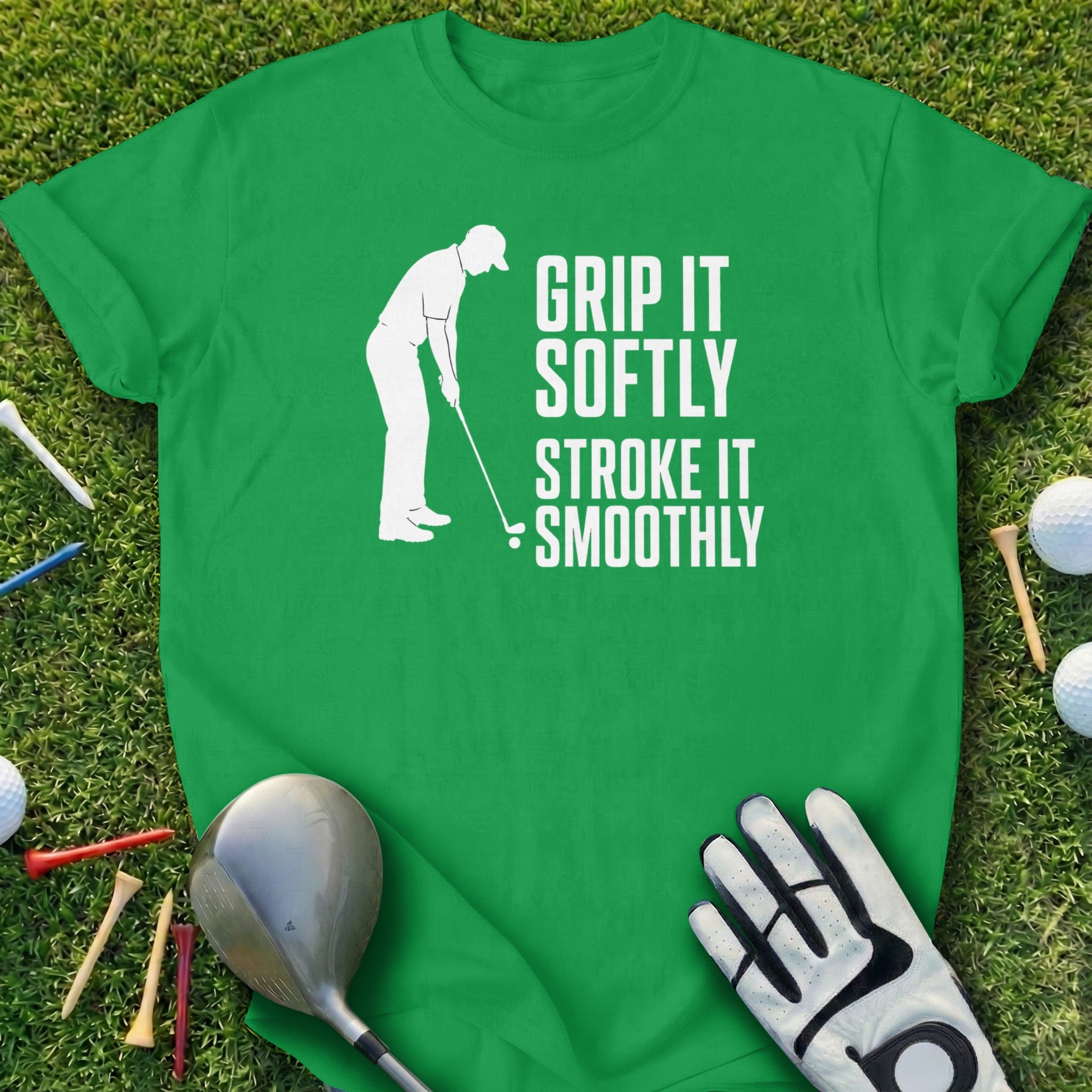 Green t-shirt with white text and silhouette of a golfer.