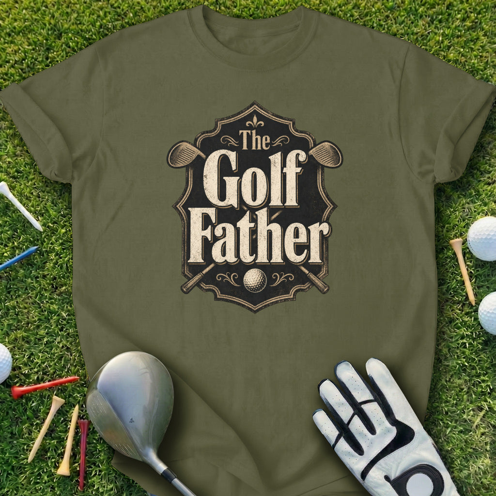 Green t-shirt with "The Golf Father" text and crossed golf clubs.
