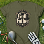 Green t-shirt with "The Golf Father" text and crossed golf clubs.