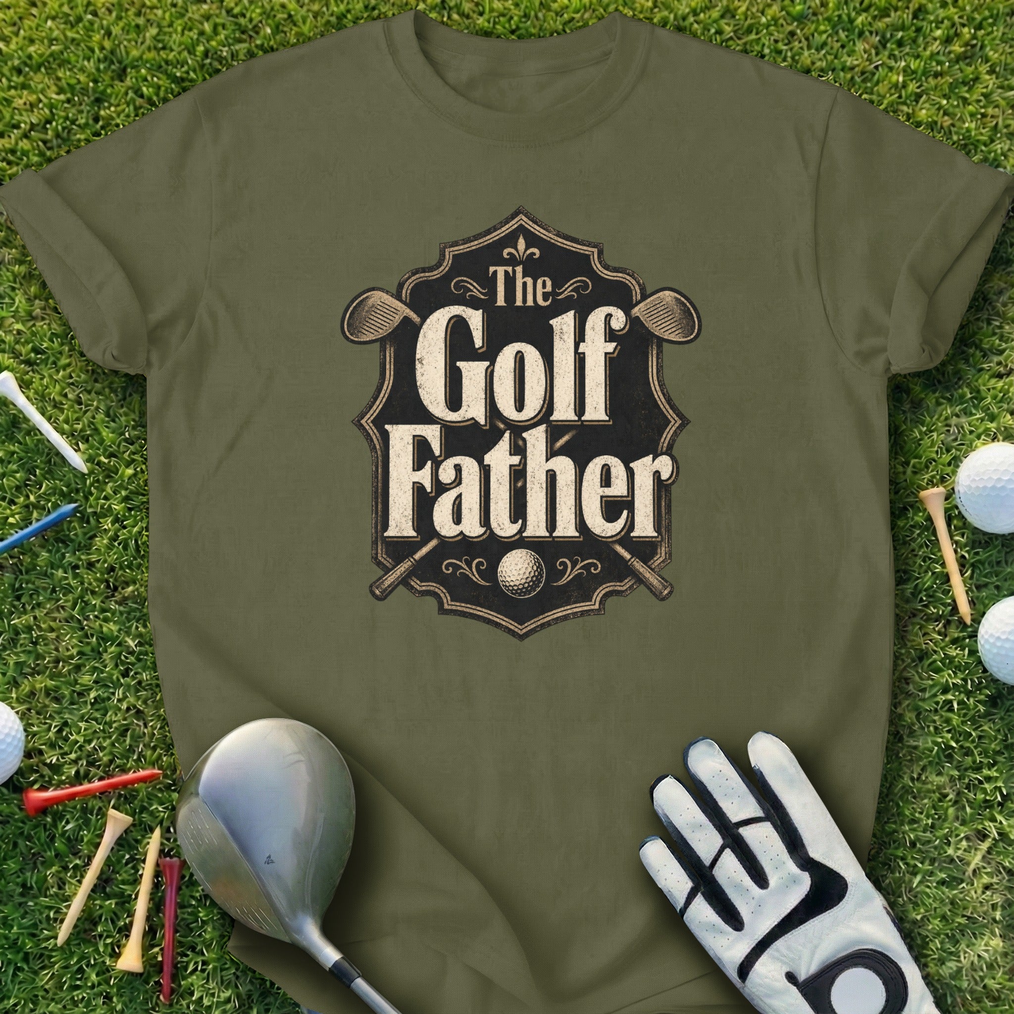 Green t-shirt with "The Golf Father" text and crossed golf clubs.