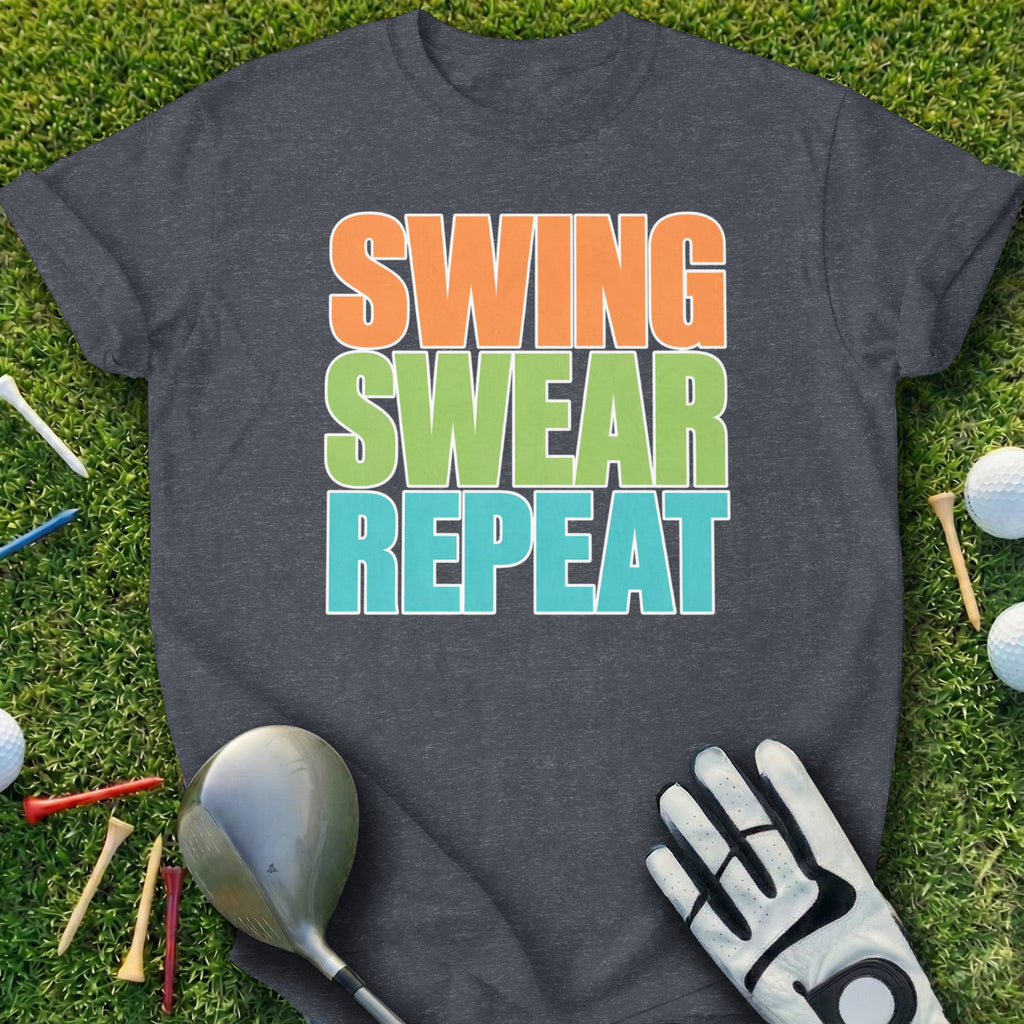 Dark grey t-shirt with "Swing Swear Repeat" in colorful block letters.