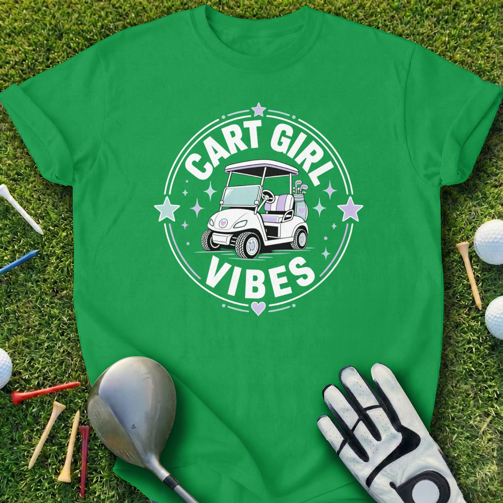 Green t-shirt with "Cart Girl Vibes" text and golf cart graphic.