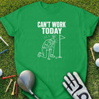 Green t-shirt with white text and graphic of a golfer.