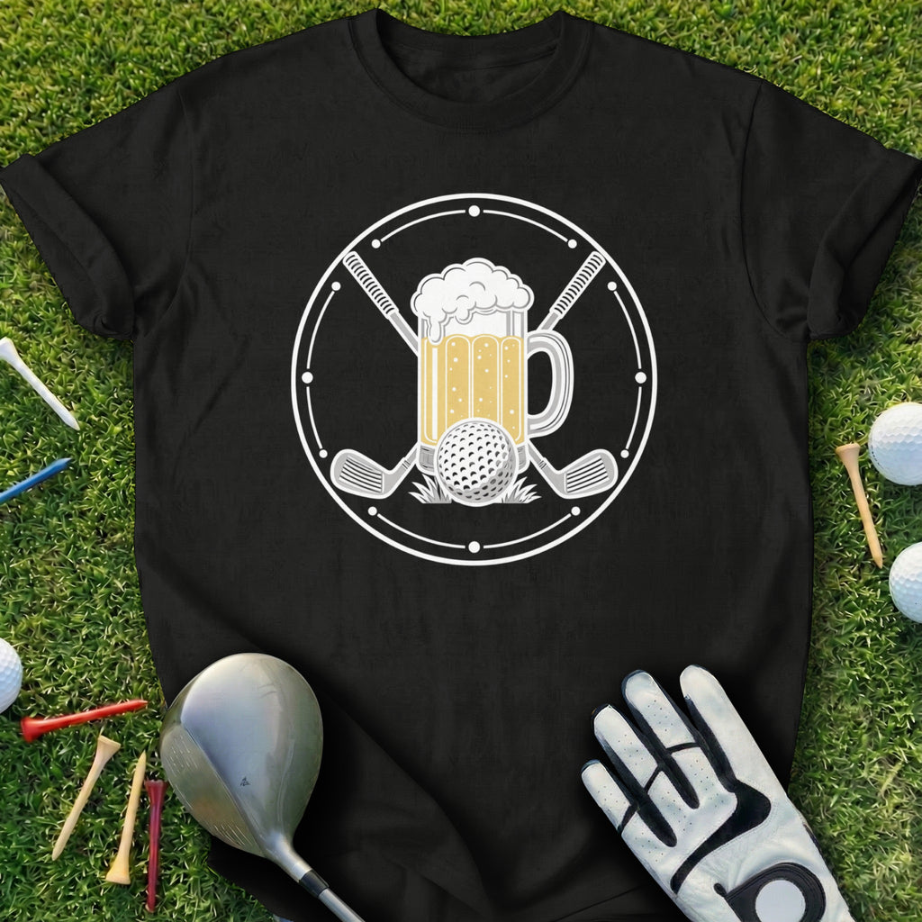 Black t-shirt with a circular graphic of a beer mug, golf ball, and clubs.