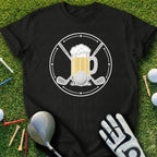 Black t-shirt with a circular graphic of a beer mug, golf ball, and clubs.