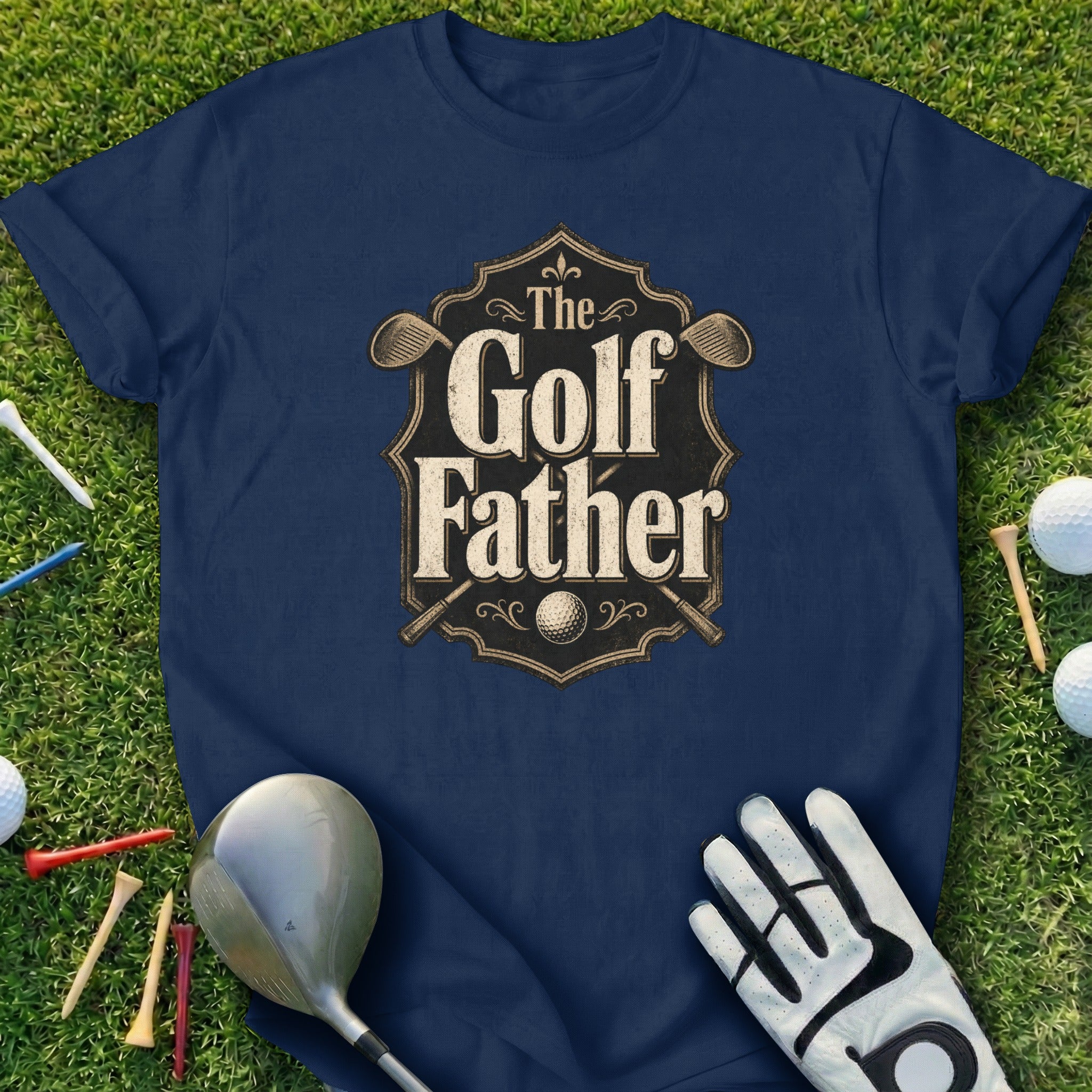 Navy t-shirt with "The Golf Father" text and golf club graphics.