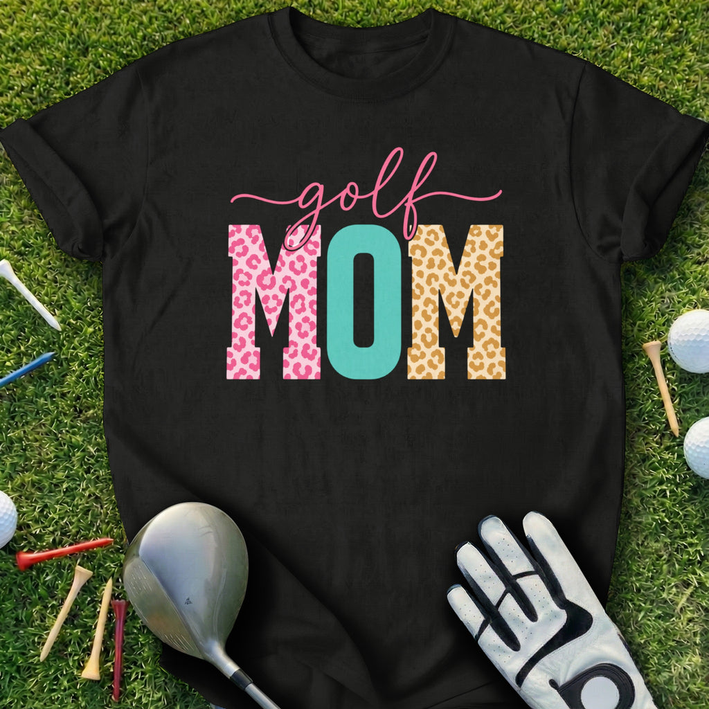 Black t-shirt with "Golf MOM" text in leopard and cheetah print.