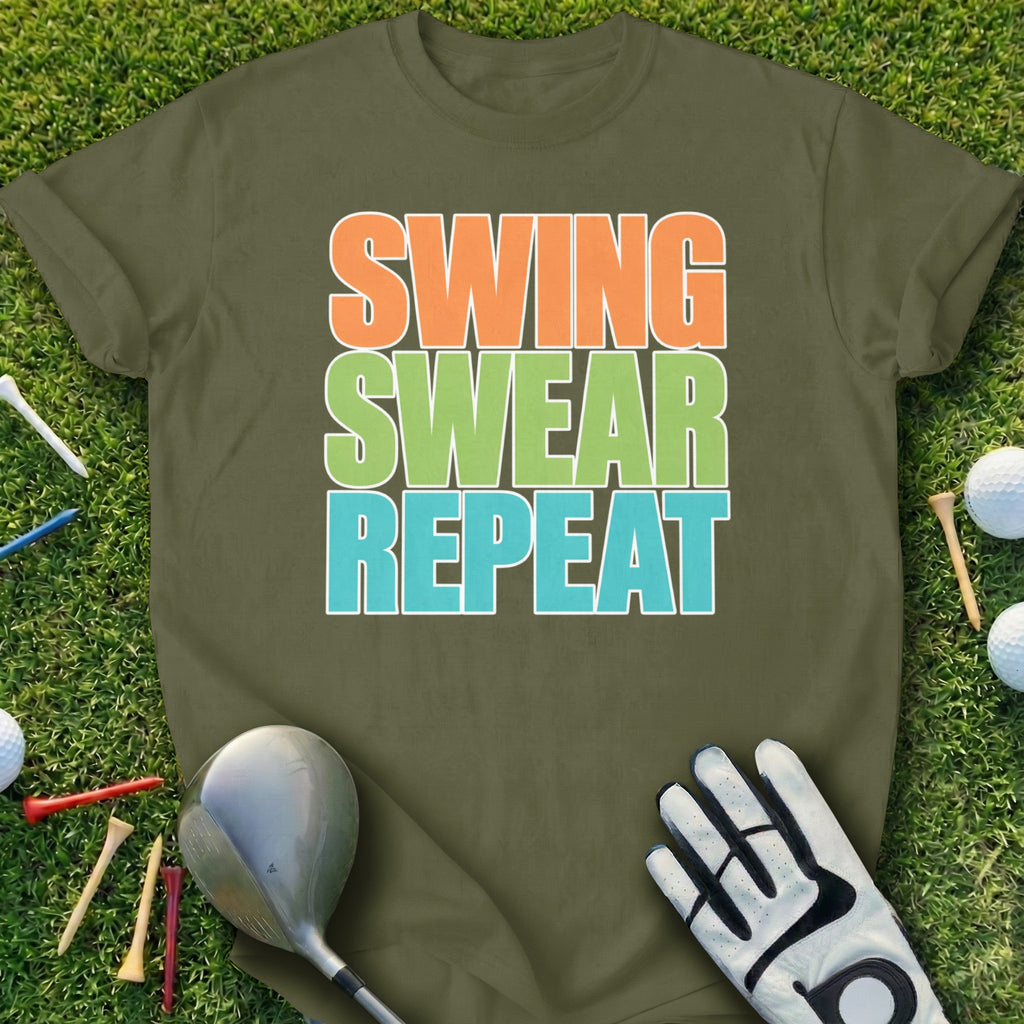 Olive green t-shirt with "SWING SWEAR REPEAT" text in colorful block letters.