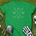 Green t-shirt with "MOM" spelled out by crossed golf clubs and balls.