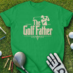 Green t-shirt with "The Golf Father" text and golfer silhouette.