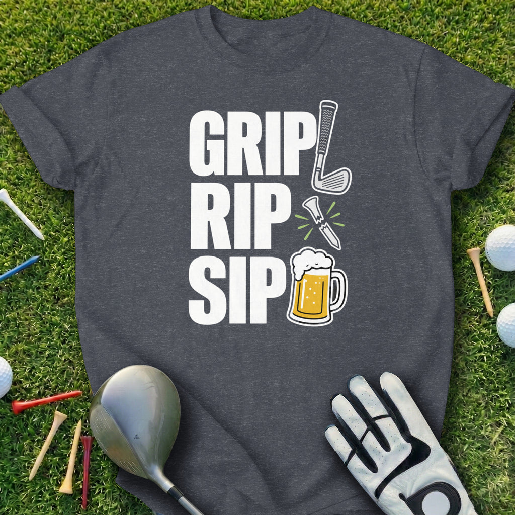 Golf t-shirt with "Grip Rip Sip" text and golf club, knife, and beer graphics.