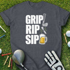 Golf t-shirt with "Grip Rip Sip" text and golf club, knife, and beer graphics.