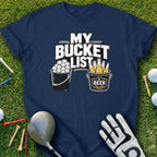 Navy t-shirt with "My Bucket List" text above buckets of golf balls and beer.