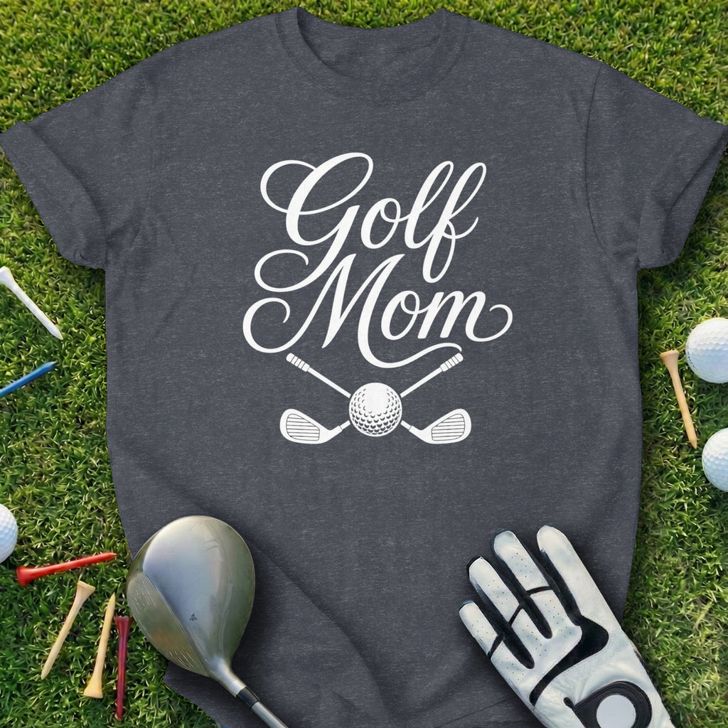 Dark grey t-shirt with "Golf Mom" text and crossed golf clubs and ball.