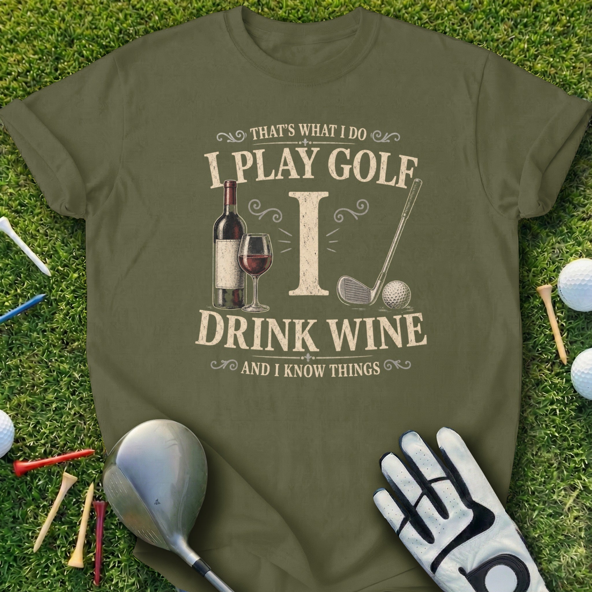 Olive t-shirt with "I Play Golf, Drink Wine, and I Know Things" text.