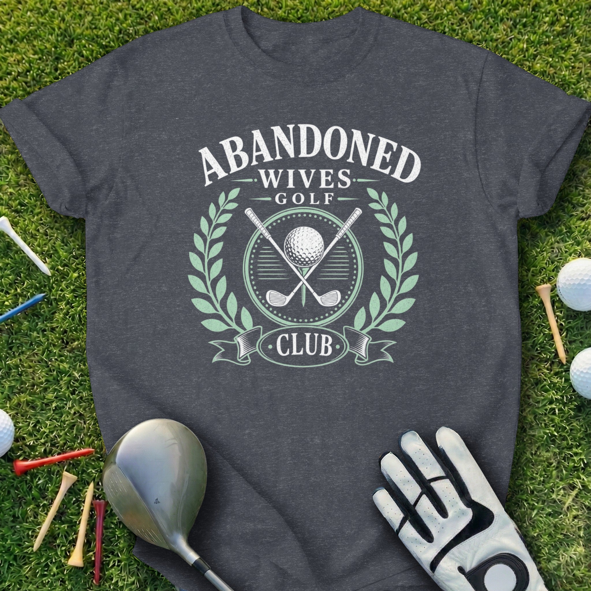 Dark gray t-shirt with "Abandoned Wives Golf Club" text and golf imagery.