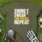 Olive t-shirt with "Swing, Swear, Look For Ball, Repeat" graphic.