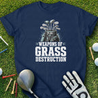 Navy t-shirt with "Weapons of Grass Destruction" golf graphic.