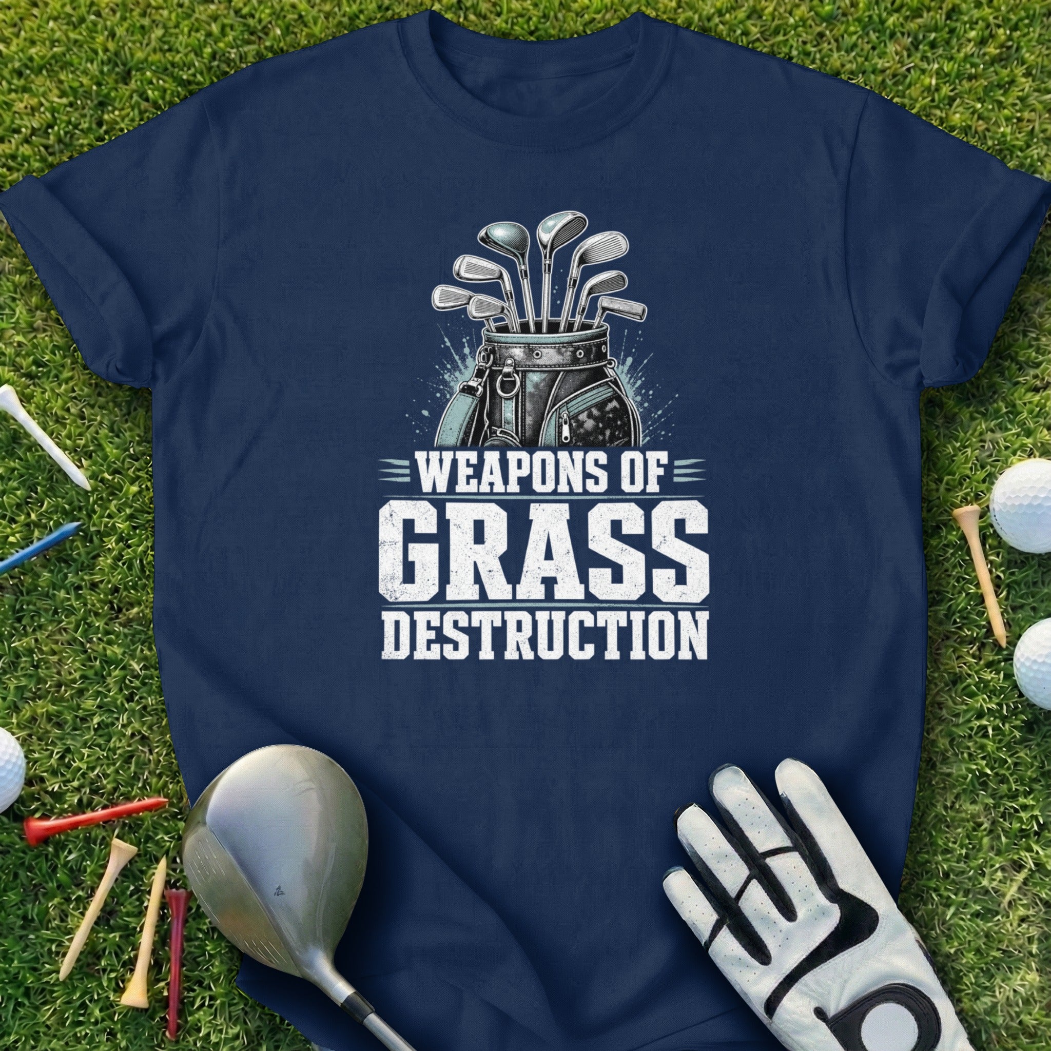 Navy t-shirt with "Weapons of Grass Destruction" golf graphic.
