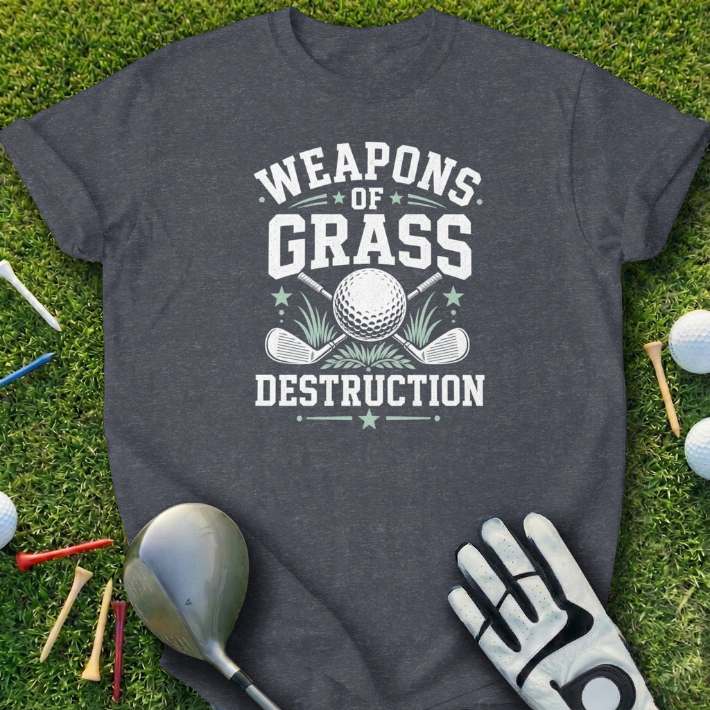 Dark t-shirt with "Weapons of Grass Destruction" text and golf imagery.