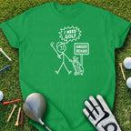Green t-shirt with white stick figure and "I need golf anger rehab" text.