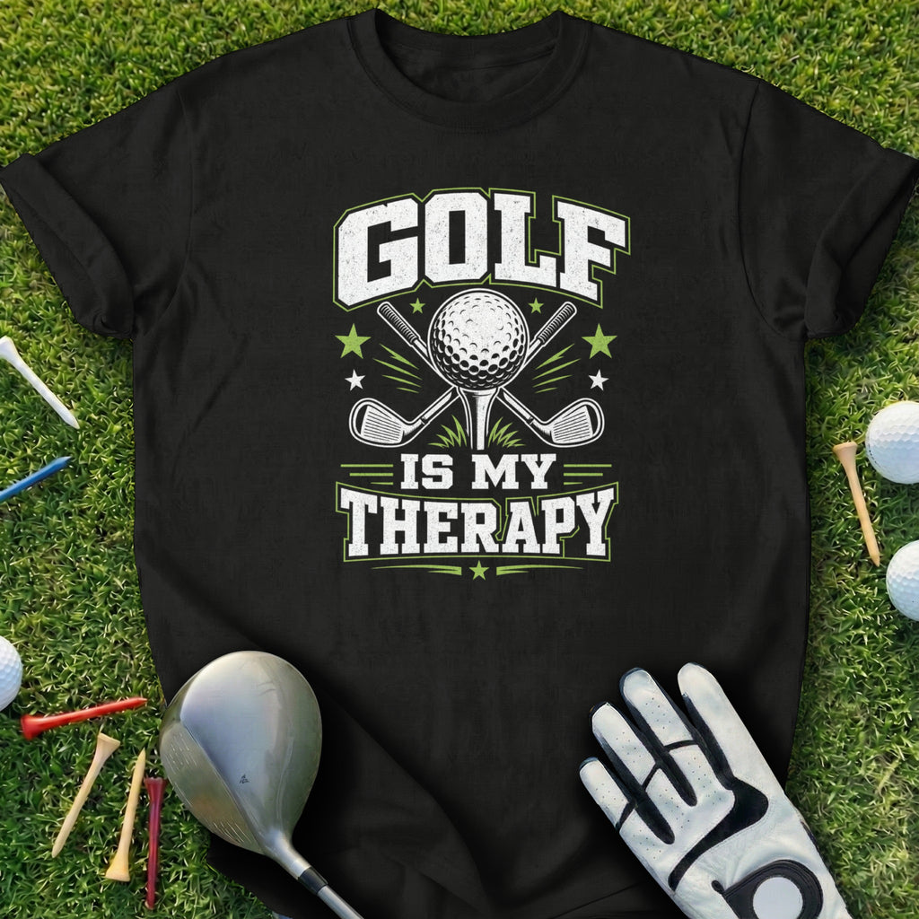 Black t-shirt with "Golf is my therapy" text and golf equipment.