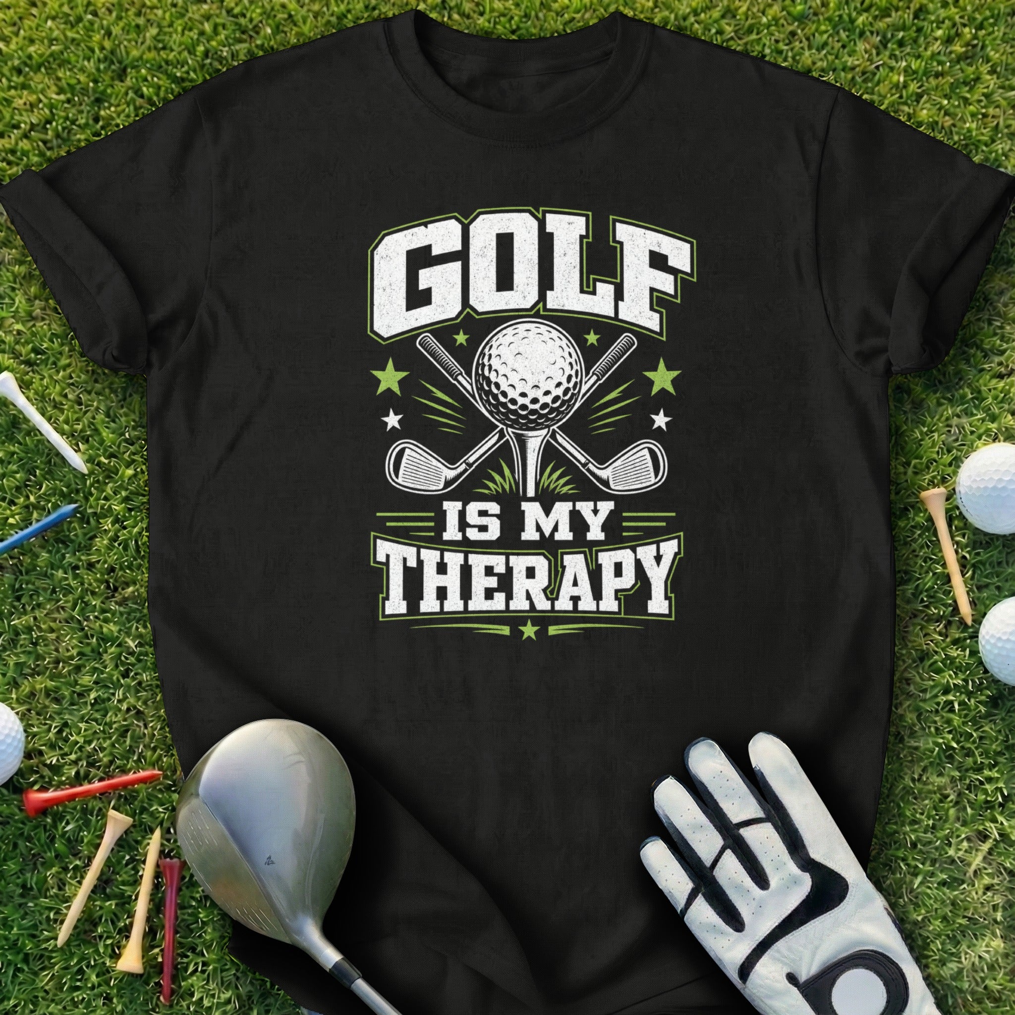 Black t-shirt with "Golf is my therapy" text and golf equipment.