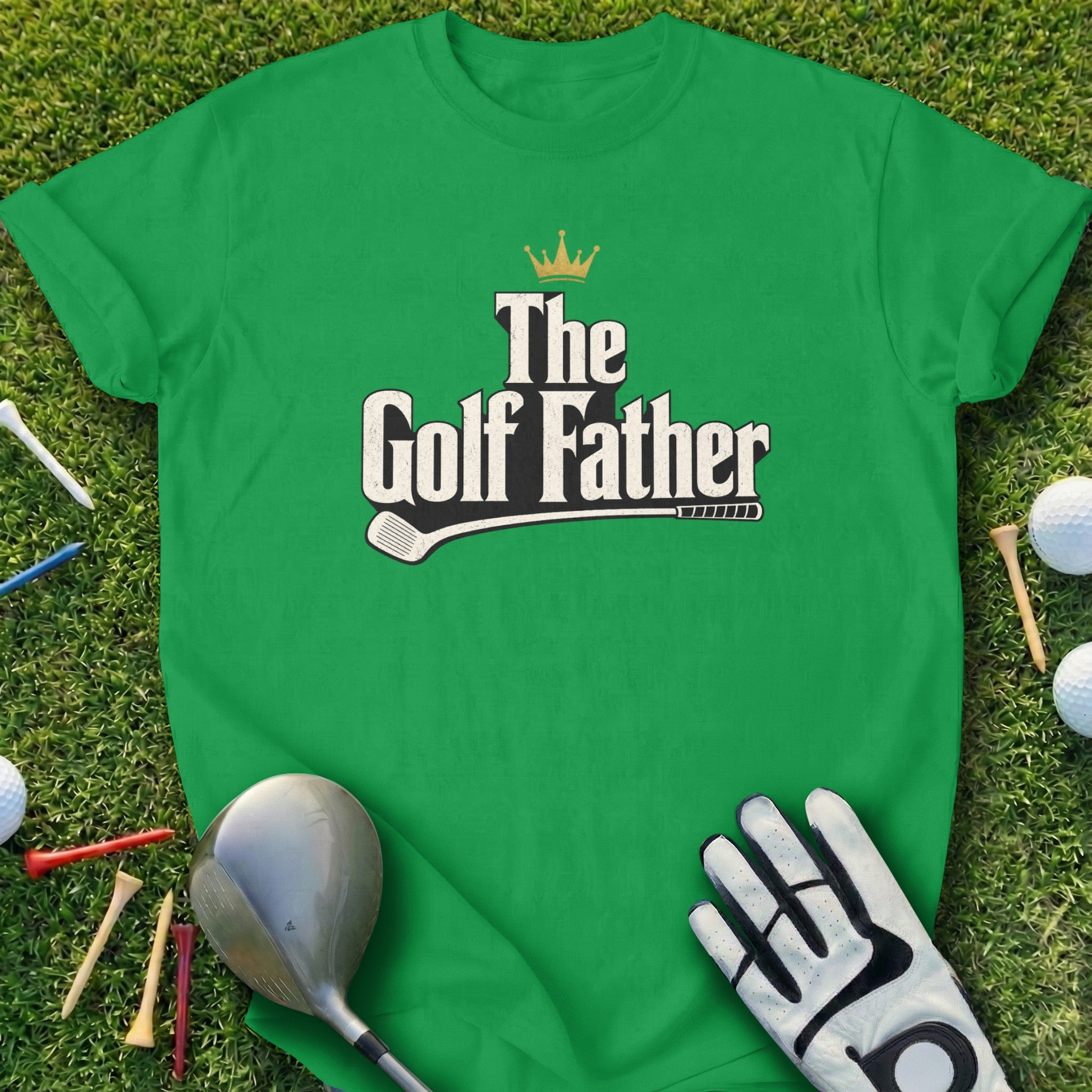 Green t-shirt with "The Golf Father" text and golf imagery.