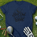 Navy t-shirt with "Best Dad in the hole world" text and golf ball graphic.