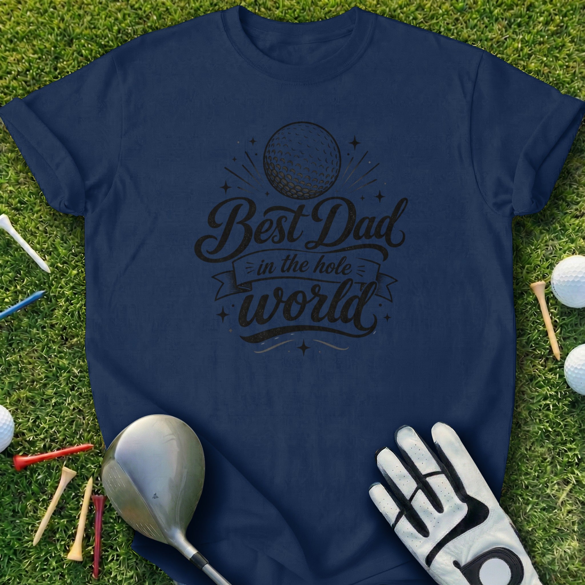 Navy t-shirt with "Best Dad in the hole world" text and golf ball graphic.