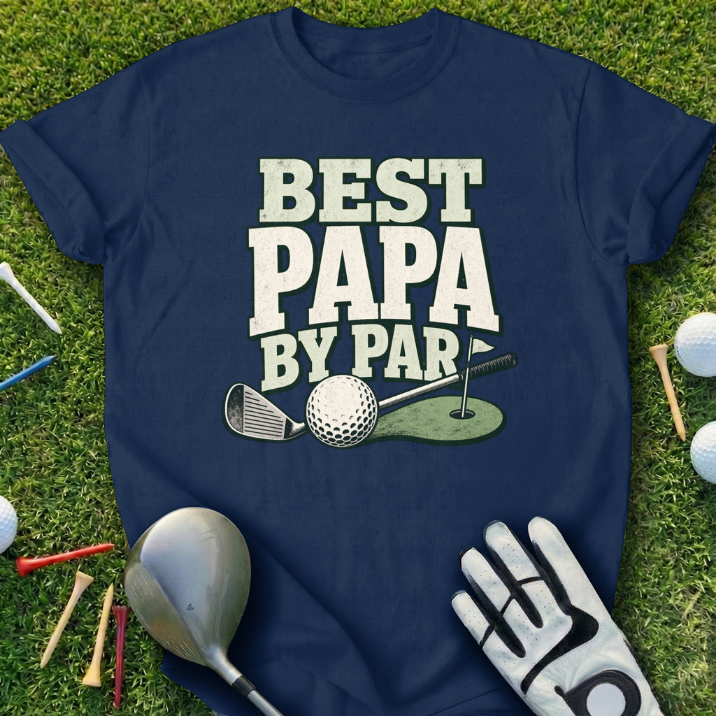 Navy t-shirt with "BEST PAPA BY PAR" text, golf club, ball, and tee.