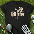 Black t-shirt with "The Golf Father" text and golfer silhouette.