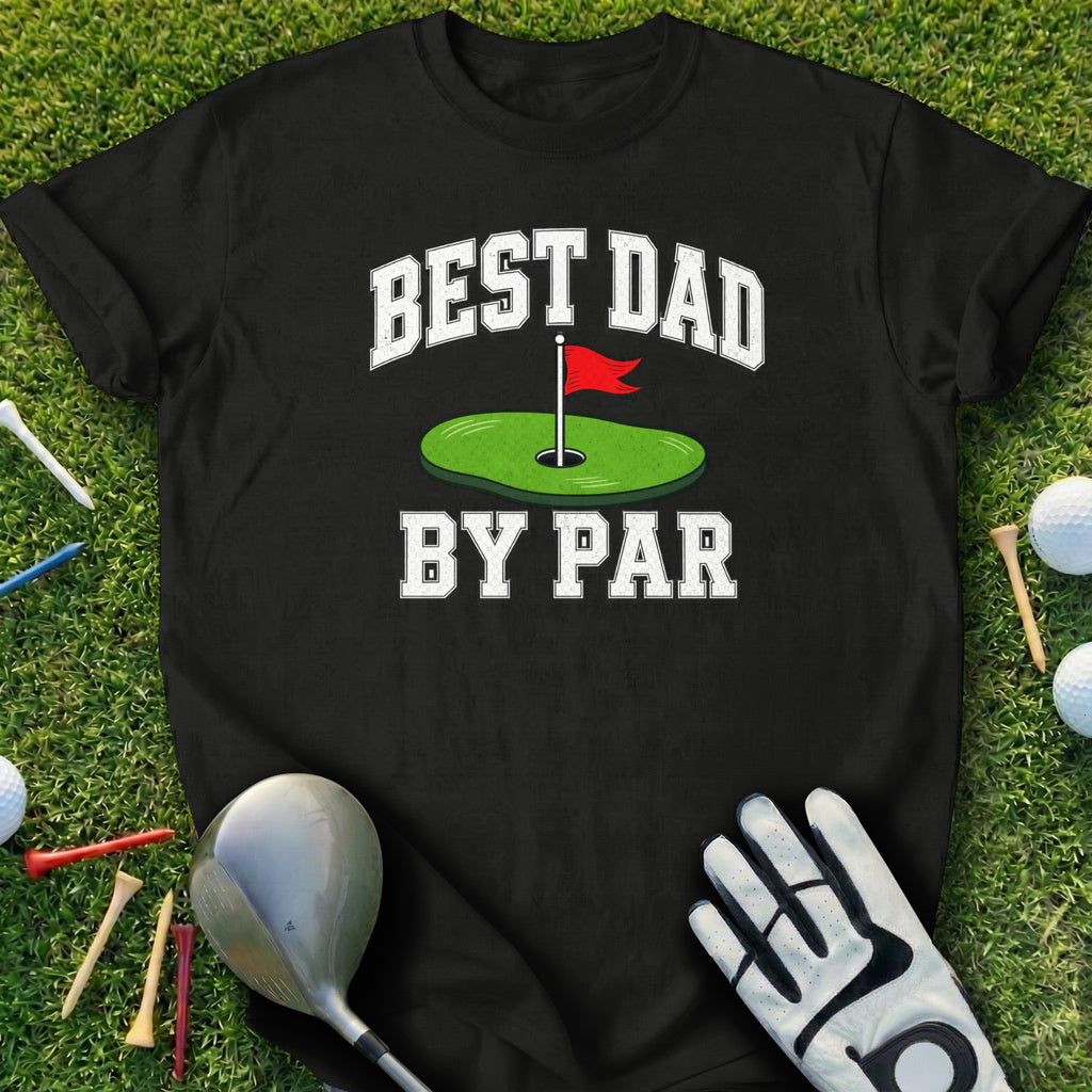 Black t-shirt with "BEST DAD BY PAR" text and golf graphic.